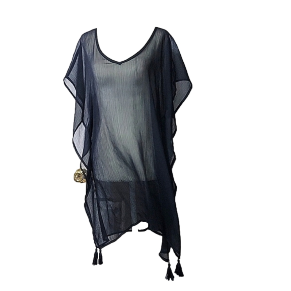 KONA SOL Women’s size Medium Swim Black Sheer Chiffon Coverup Tassels Lattice